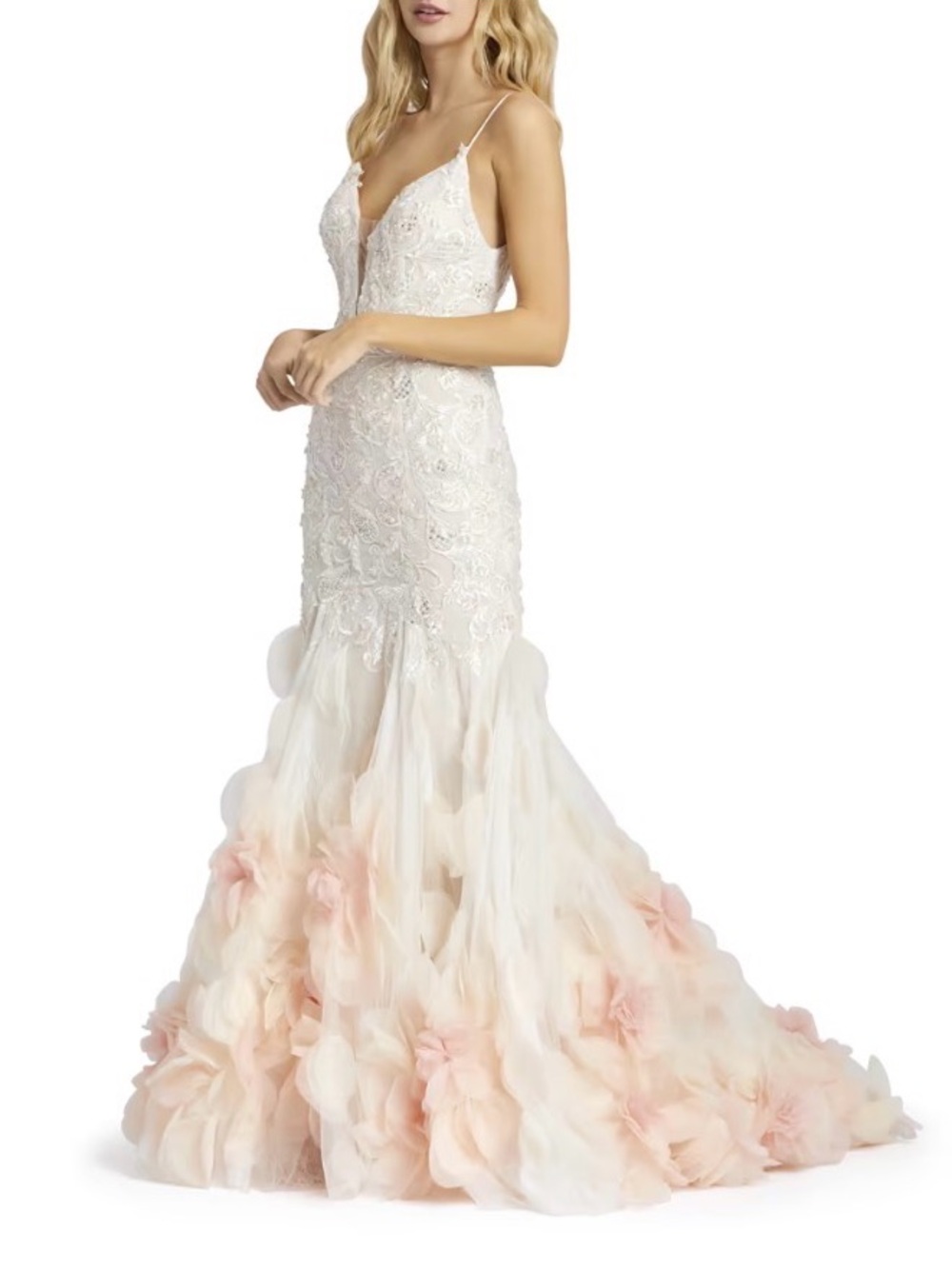 Mac Duggal Ivory Gown with Blush Floral Tulle Mermaid Skirt